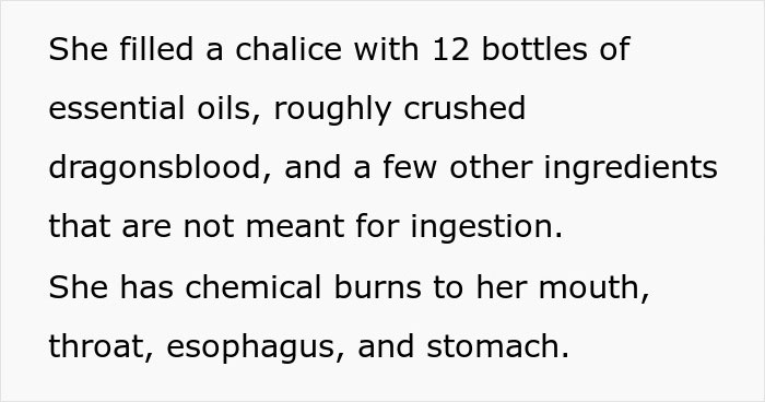 Description of the witching MILs potion ingredients, including essential oils and dragonsblood, causing chemical burns.