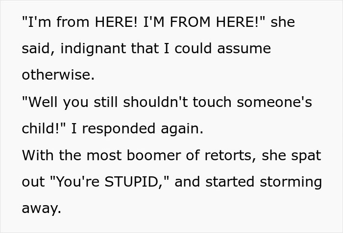 Text snippet where a boomer stomps away in defeat after xenophobic remarks are weaponized against her. Text snippet where a boomer stomps away in defeat after xenophobic remarks are weaponized against her.