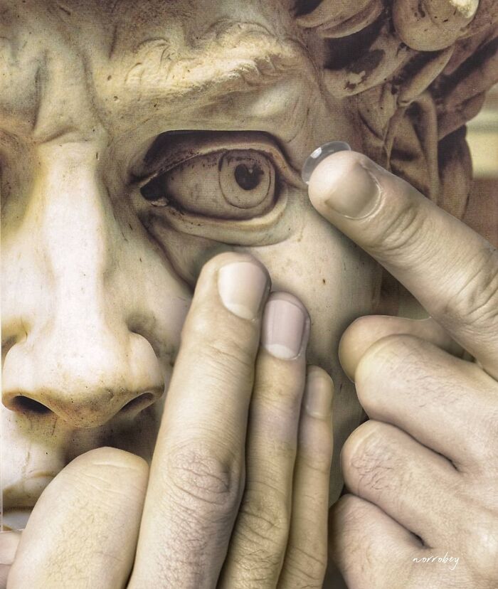 Digital artist blends famous movies with classical art, close-up of a statue getting a contact lens, movie mashups.