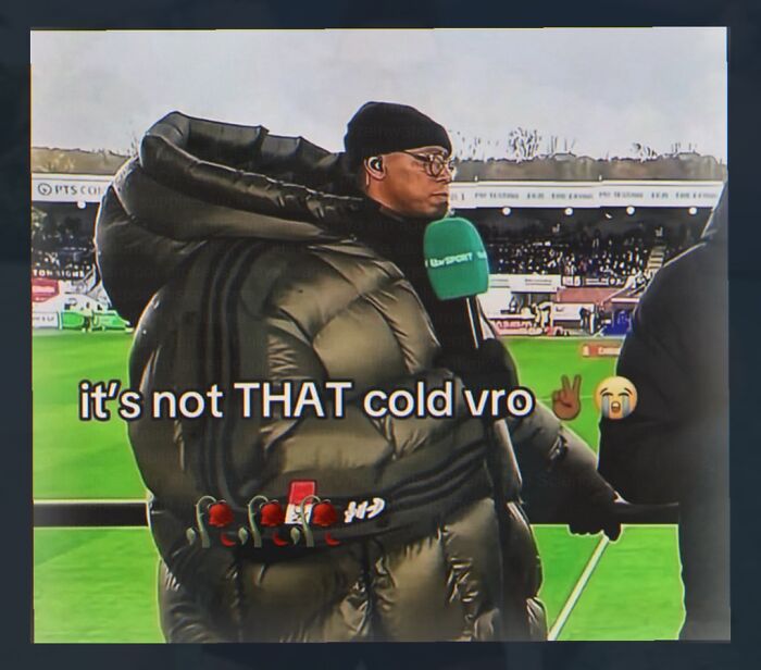 A reporter in a comically oversized puffy coat, holding a microphone. This image is a weird meme.