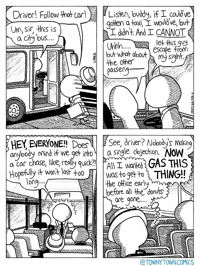 A comic of a man demanding a bus driver chase a car, showcasing the wonderfully ridiculous everyday life in the US Midwest.