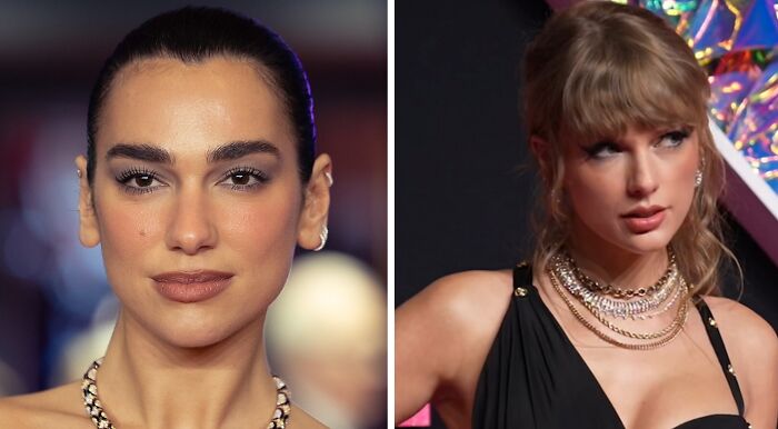 Dua Lipa and Taylor Swift side-by-side, representing popular music taste and choices in the music industry.