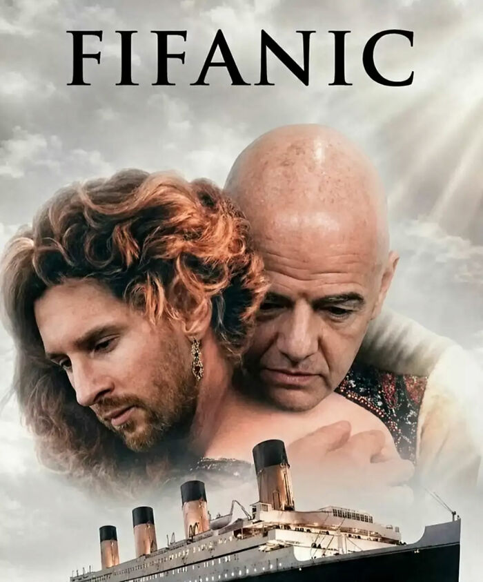 A World Cup 2026 meme with a FIFANIC movie poster featuring Messi and another man, referencing the Titanic.
