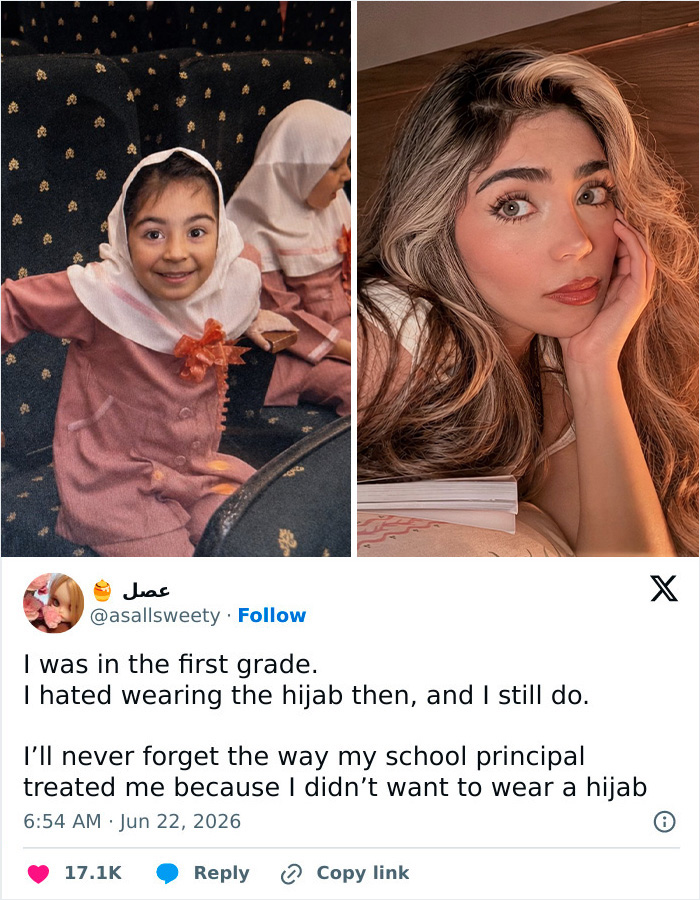 Side-by-side: a young girl in a pink hijab and a woman with long hair, showing women letting go of the hijab.
