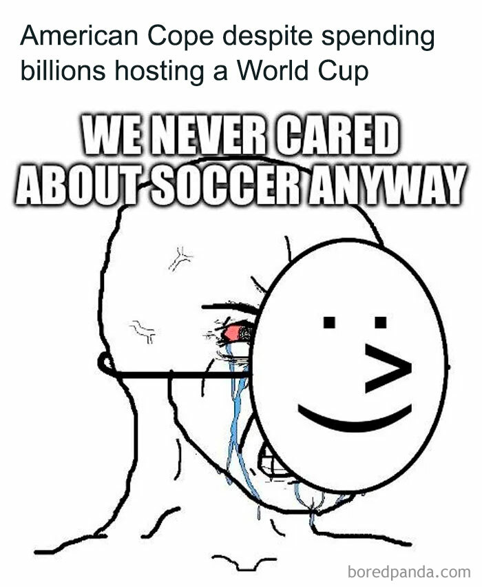 A World Cup meme showing a crying wojak with a happy mask, reflecting American cope over World Cup 2026 chaos.