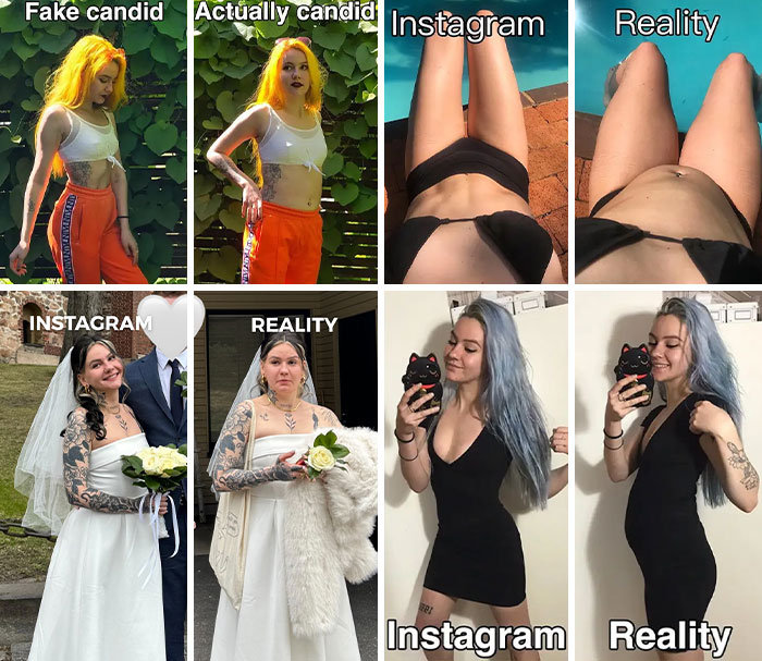 Influencers expose Instagram vs reality in posts promoting body positivity, contrasting perfect and actual images.