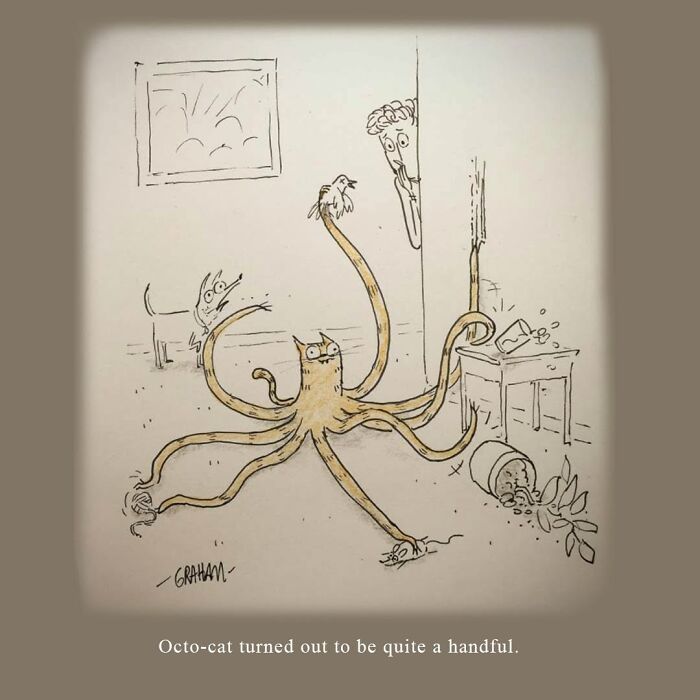 A weird cat comic showing an octopus-like feline creating mischief, perfectly capturing why felines rule the internet.