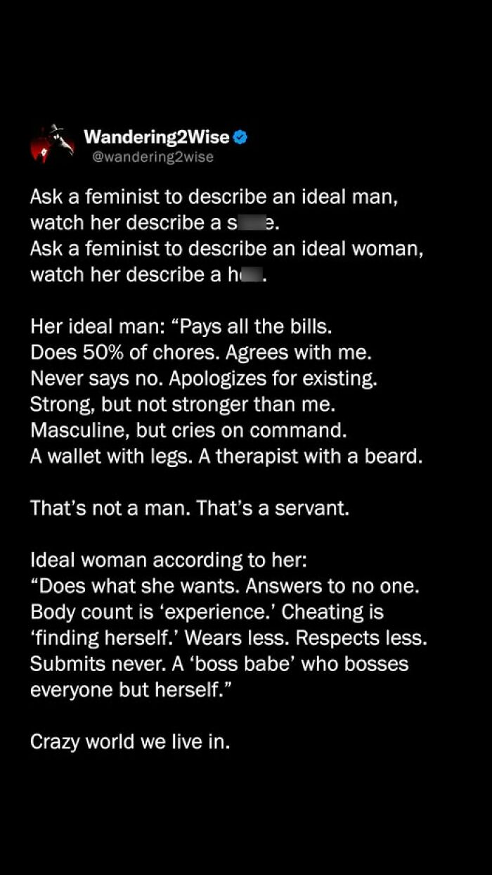 A tweet describing ideal men and women, with text that shows funny examples of guys who think highly of themselves.