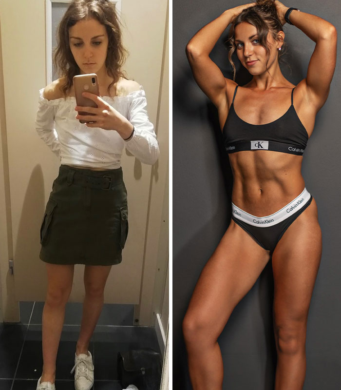 A woman poses, illustrating her weight gain transformation from a lean frame to a muscular physique.