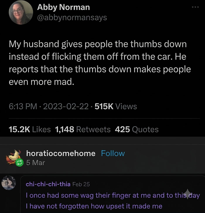 A screenshot of a tweet about a husband giving thumbs down instead of flicking people off, a cringe meme.