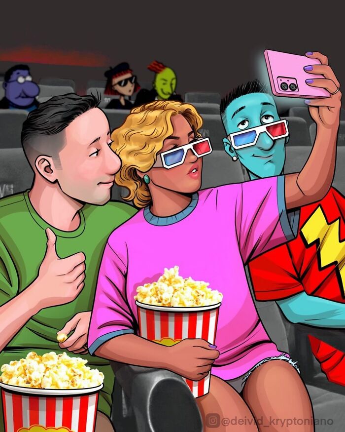 An artist's reimagining of Doug Funnie, Patti Mayonnaise, and Skeeter Valentine as adults watching a movie and taking a selfie.