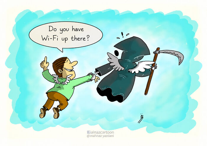 Satirical illustration of a man asking D***h for Wi-Fi, commenting on modern society's digital dependency.