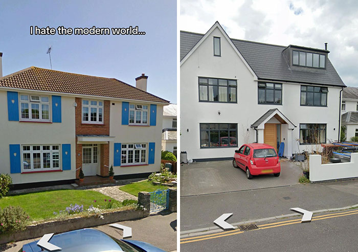 A then and now comparison of houses showing a transformation from traditional to modern architecture.