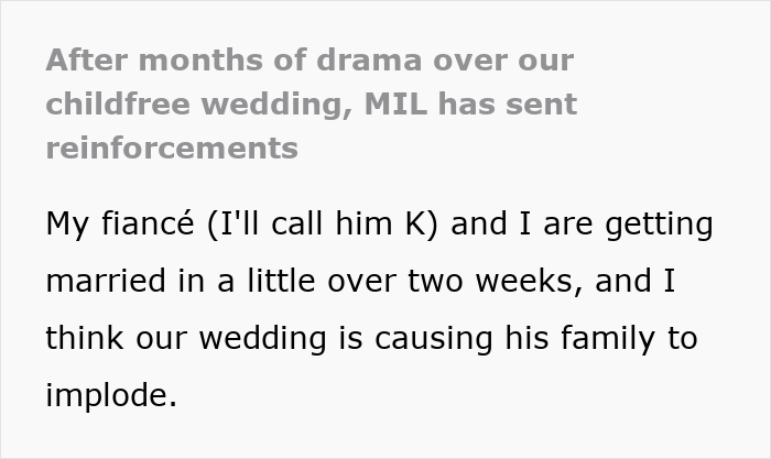 Screenshot of text about a childfree wedding causing a family feud and MIL drama. Screenshot of text about a childfree wedding causing a family feud and MIL drama.