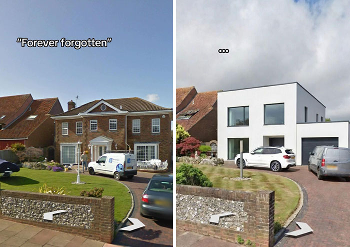 Then vs now pic of a house showing a classic brick home replaced by a stark white modern structure, making the internet mad.