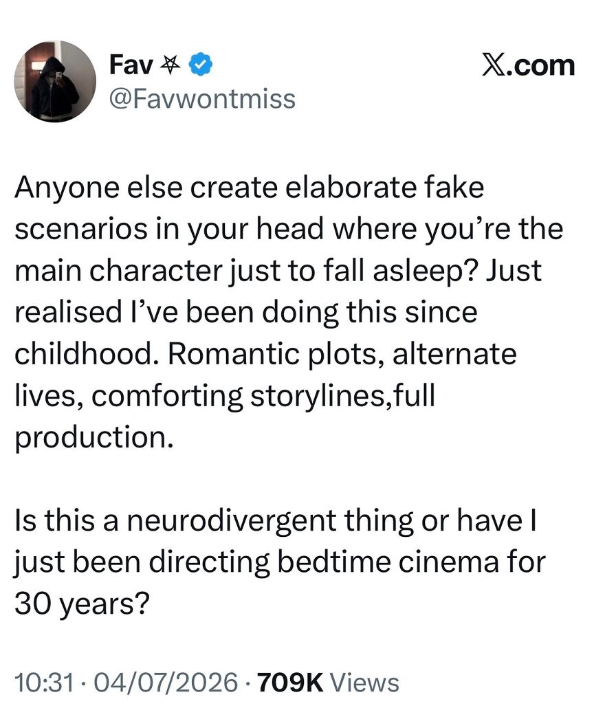 A Twitter post asking if creating elaborate fake scenarios to fall asleep is a neurodivergent trait.