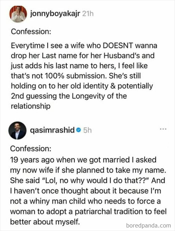 A Twitter thread featuring two men's differing views on marriage, showing funny examples of self-importance.