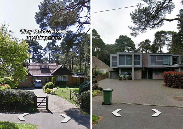 A before and after comparison of houses, revealing a charming house replaced by a severe modern building, making the internet mad.