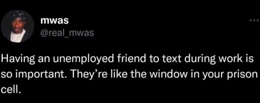 A hilariously unhinged screenshot tweet about the importance of an unemployed friend during work.