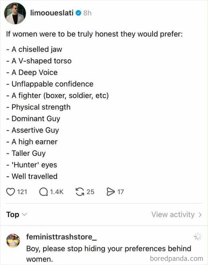 A social media post listing preferences for men, followed by a comment, a funny example of guys thinking highly of themselves.