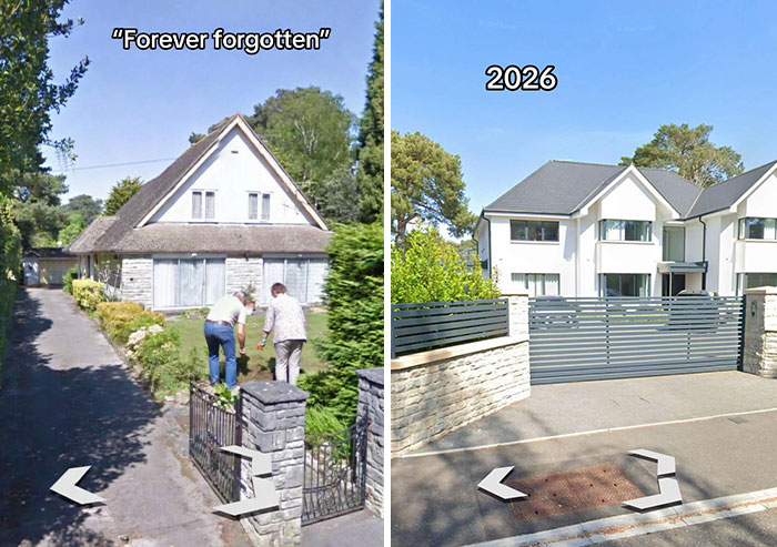 A split image showing the drastic transformation of houses from a traditional style to a modern design, making the internet mad.