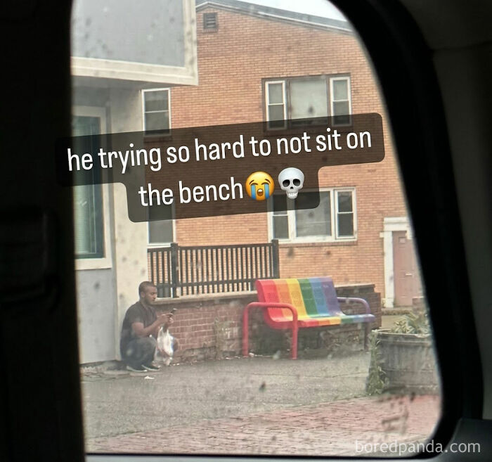 A weird meme of a man squatting next to a rainbow bench, avoiding sitting on it.
