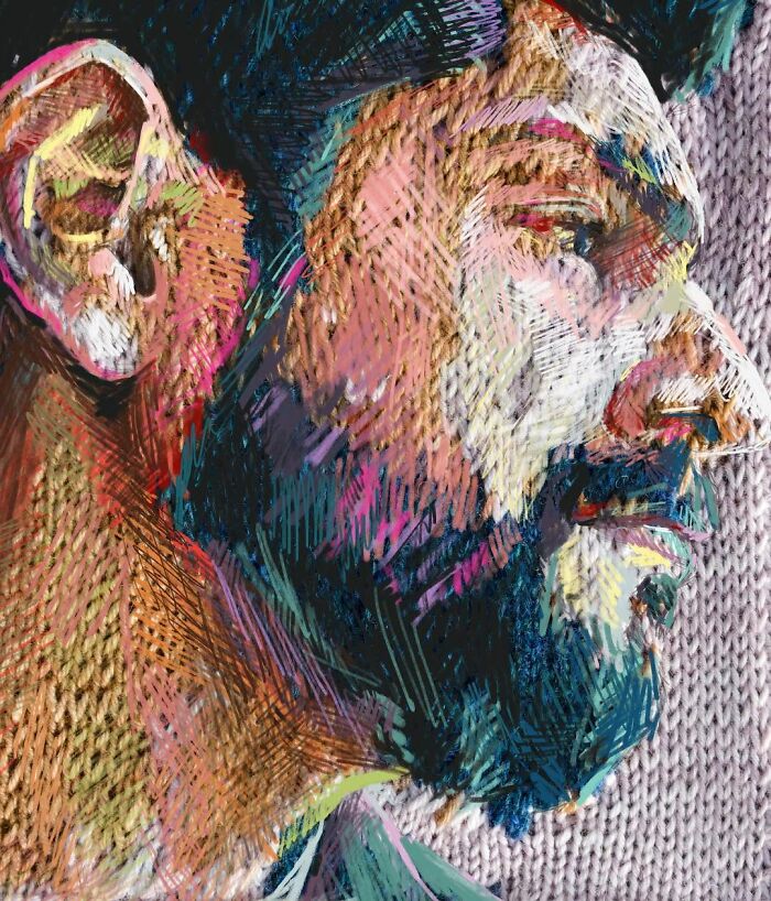 A stunning portrait of a man created with traditional knitting and modern art, showcasing unique texture.