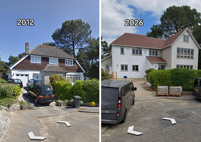 A then vs now photo of a house, showcasing a dated house renovated into a contemporary home, making the internet mad.