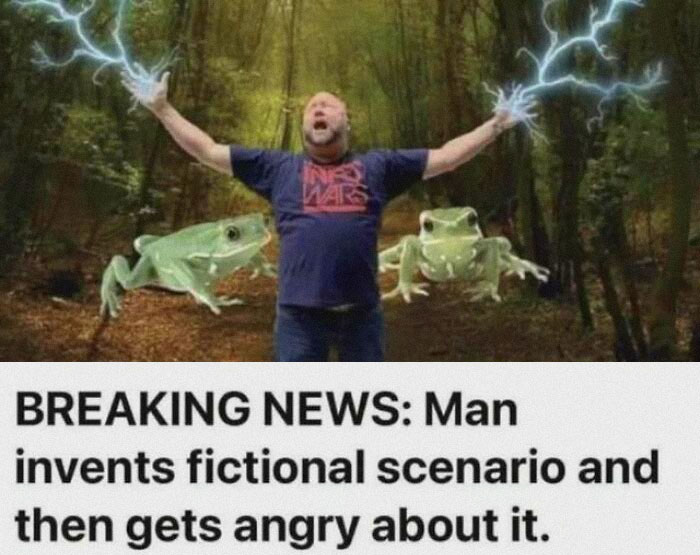 An image of a man with lightning hands and frogs, with text about him inventing a fictional scenario, one of the funny examples of guys.