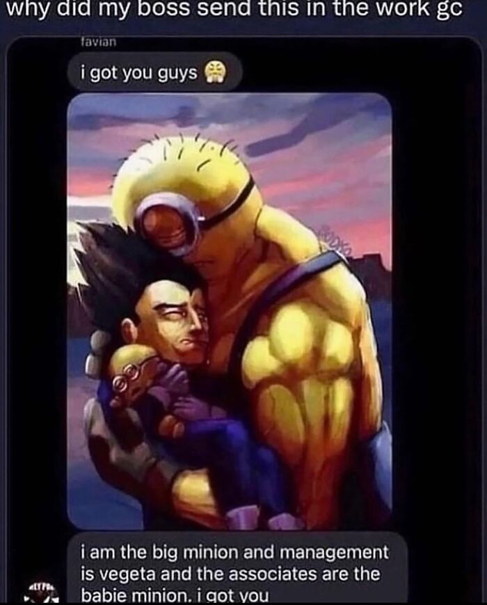 A text conversation featuring a bizarre image of a muscular Minion holding a baby Vegeta, a truly weird meme.