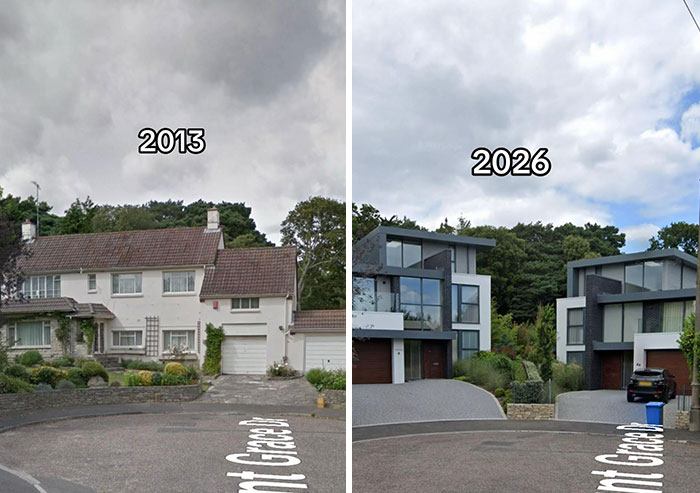 Then vs now pic of houses showing a dated house replaced by two contemporary, angular homes, making the internet seriously mad.
