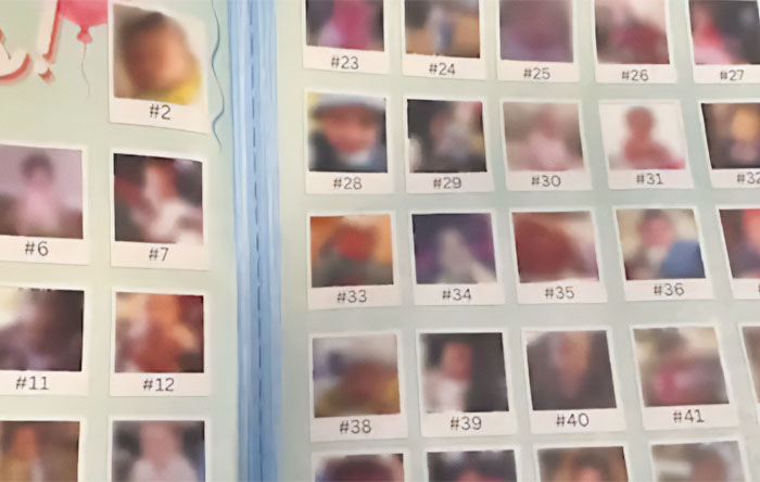 A close-up of a blurred New Jersey middle school yearbook page showing numbered baby photos, sparking an uproar and recall.