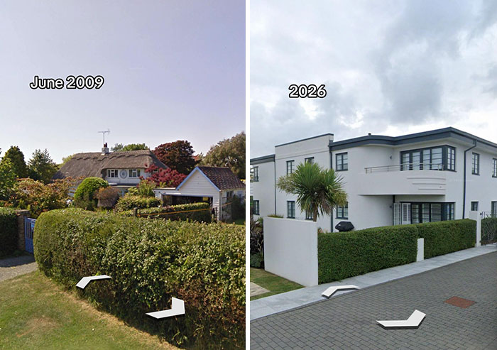 Then vs now pic of houses showing a charming thatched-roof house replaced by a sleek, modern build, making the internet seriously mad.