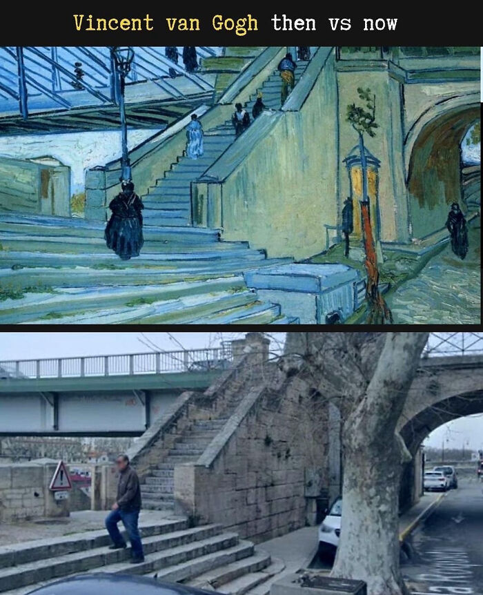 A historical photo comparing Vincent van Gogh's artwork to the real-life location, telling incredible stories.