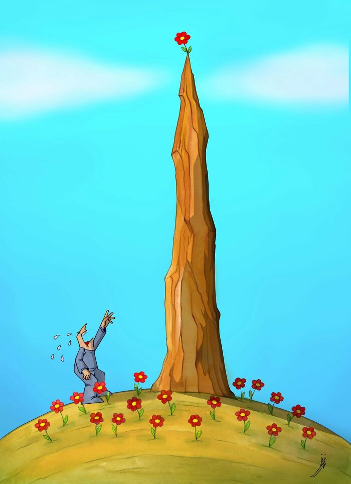 Satirical illustration showing a man crying over a flower on a tall peak, highlighting issues in modern society.