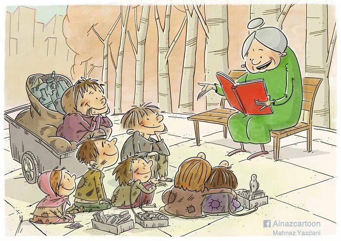 Satirical illustration of an old woman reading to poor children, depicting societal issues in modern society.