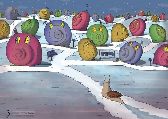 Satirical illustration showing a snail leaving snail-shell houses, reflecting what is wrong with modern society.