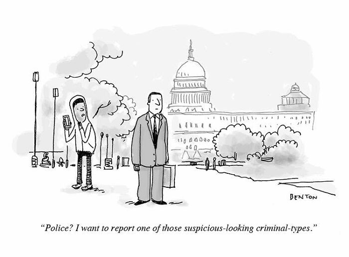 A New Yorker cartoon: A man in a suit looks suspiciously at a person on their phone near the Capitol building. Captures everyday absurdity.
