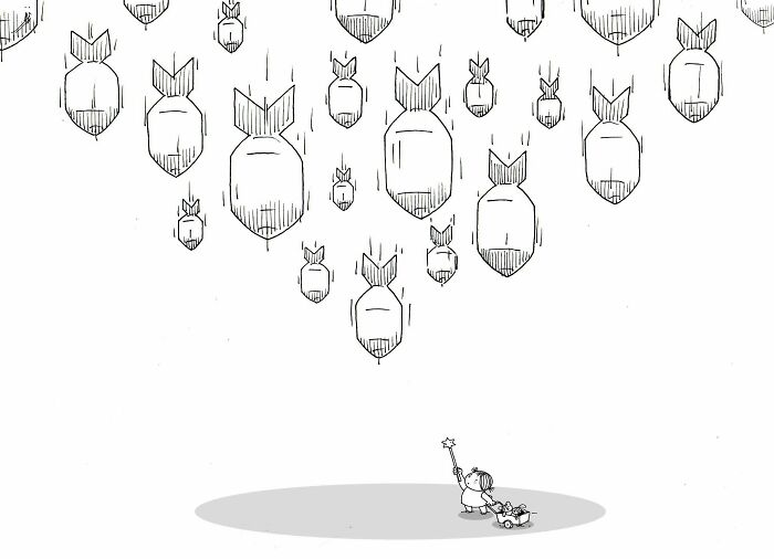 Satirical illustration of a child with a wand and bombs falling, symbolizing issues in modern society.