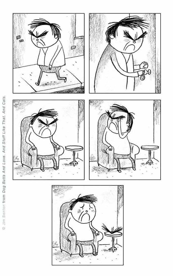 A New Yorker cartoon: a man expresses various emotions of anger and sadness, illustrating everyday absurdity.