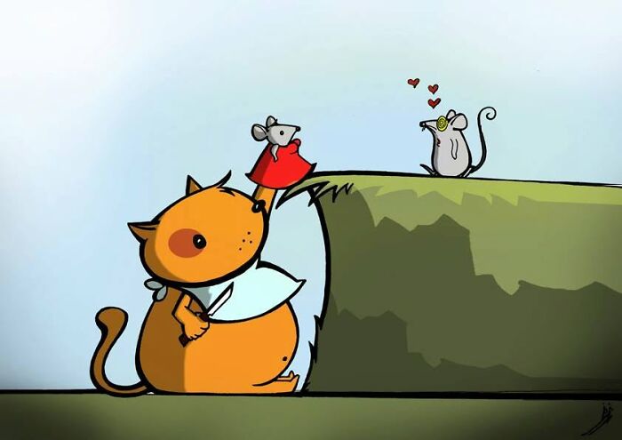Satirical illustration depicting a cat manipulating a mouse to attract another mouse, highlighting modern society issues.