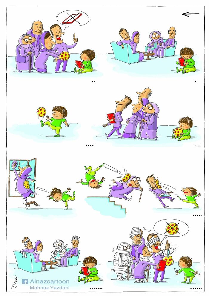 Satirical illustration showing a family absorbed in phones, ignoring a child, a commentary on modern society and technology.