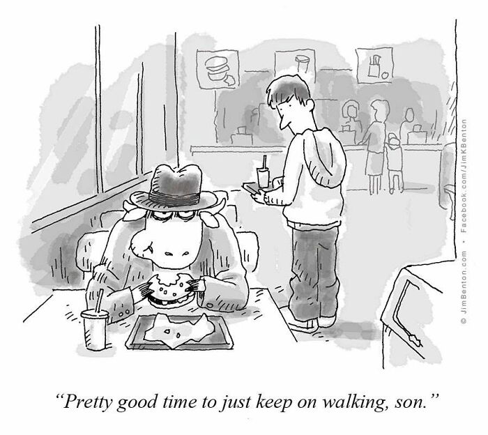 A New Yorker cartoon: a man serves a cow eating a burger, perfectly capturing everyday absurdity.