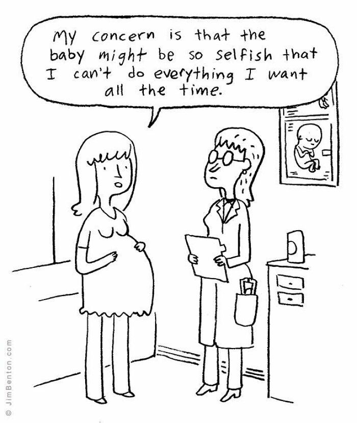 A New Yorker cartoon: a pregnant woman tells her doctor her concern is a selfish baby, showcasing everyday absurdity.