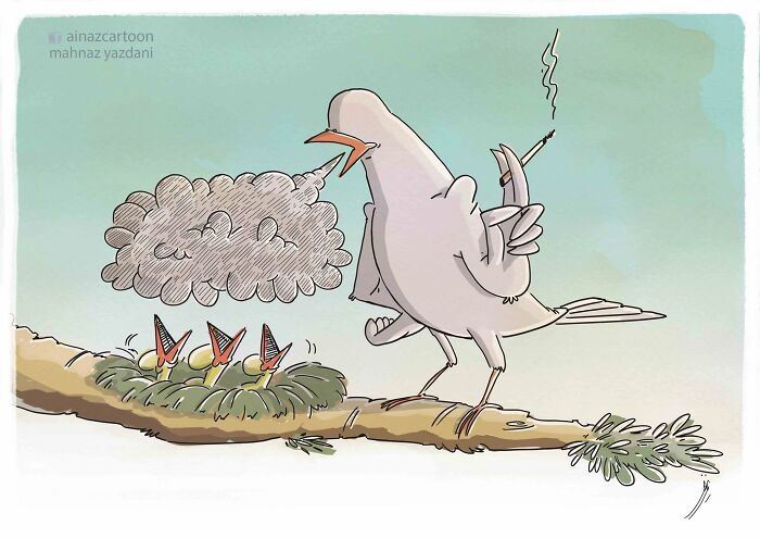 A satirical illustration of a bird smoking a cigarette, exhaling smoke towards its chicks in a nest, criticizing modern society's habits.