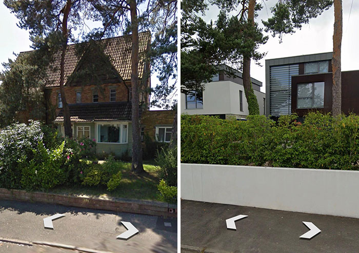 Then vs now pic of houses showing a rustic house replaced by modern, multi-textured dwellings, making the internet seriously mad.