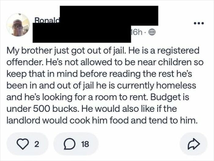 A social media post detailing a brother's needs, a funny example of guys thinking too highly of themselves.