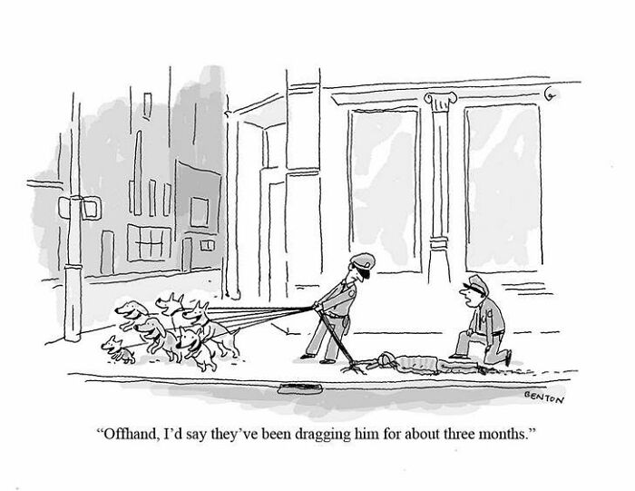 A New Yorker cartoon: two policemen observe a person being dragged by dogs, capturing everyday absurdity.