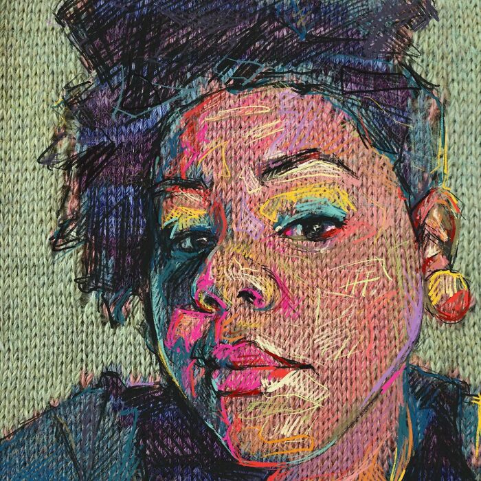A vibrant modern art portrait of a person with dark, curly hair, created with traditional knitting and colorful threads.