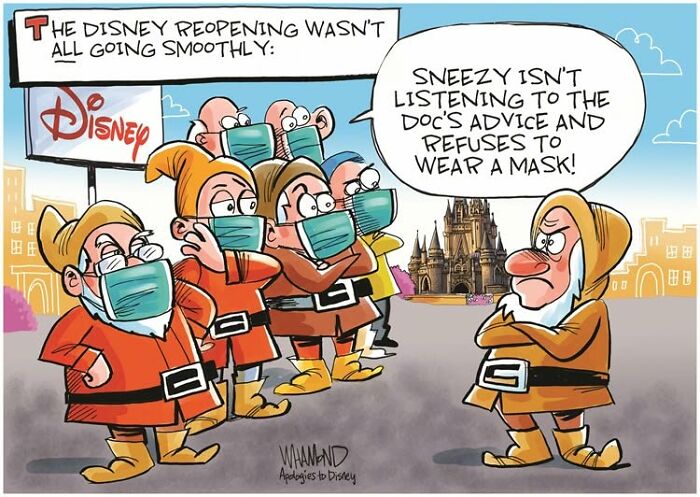 Dave Whamond comic featuring Pop Culture Icons, the Seven Dwarfs, with masks at Disney.